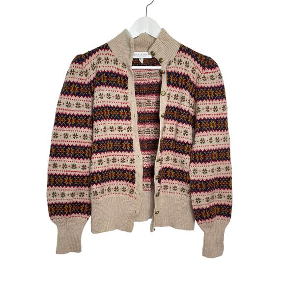 Edina Ronay England Tan, Red, Blue Fair Isle Hand Knit Wool Cardigan Sweater - Picture 10 of 10